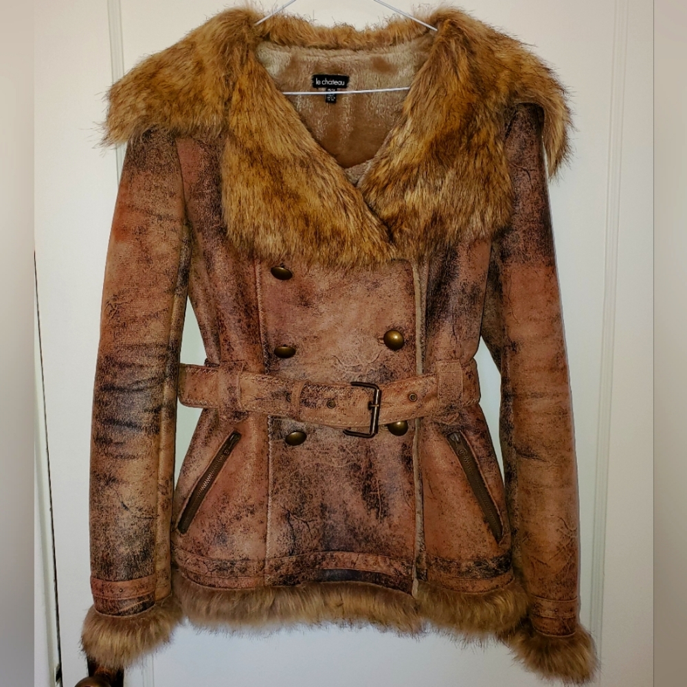 Le Chateau False Suede XXS Belted Coat Faux Fur Collar and Lining